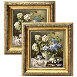 ASTRDECOR 5x5 Picture Frame, Ornate Vintage Gold Photo Frames with HD Glass for Wall Decor or Tabletop Display, Antique 5 x 5 photo frame with Distressed Rust-Like Finish, Retro Home Decor, 2 Pack