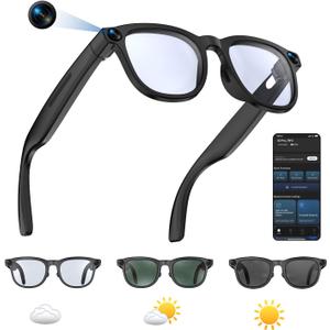 AI Smart Glasses with Camera, 1080P Video Recording Camera Glasses for Men and Women, Real Time Translation, AI Voice Assistant, Bluetooth Audio, WiFi Transfer for Vlogging, Sports, Travel (Black)