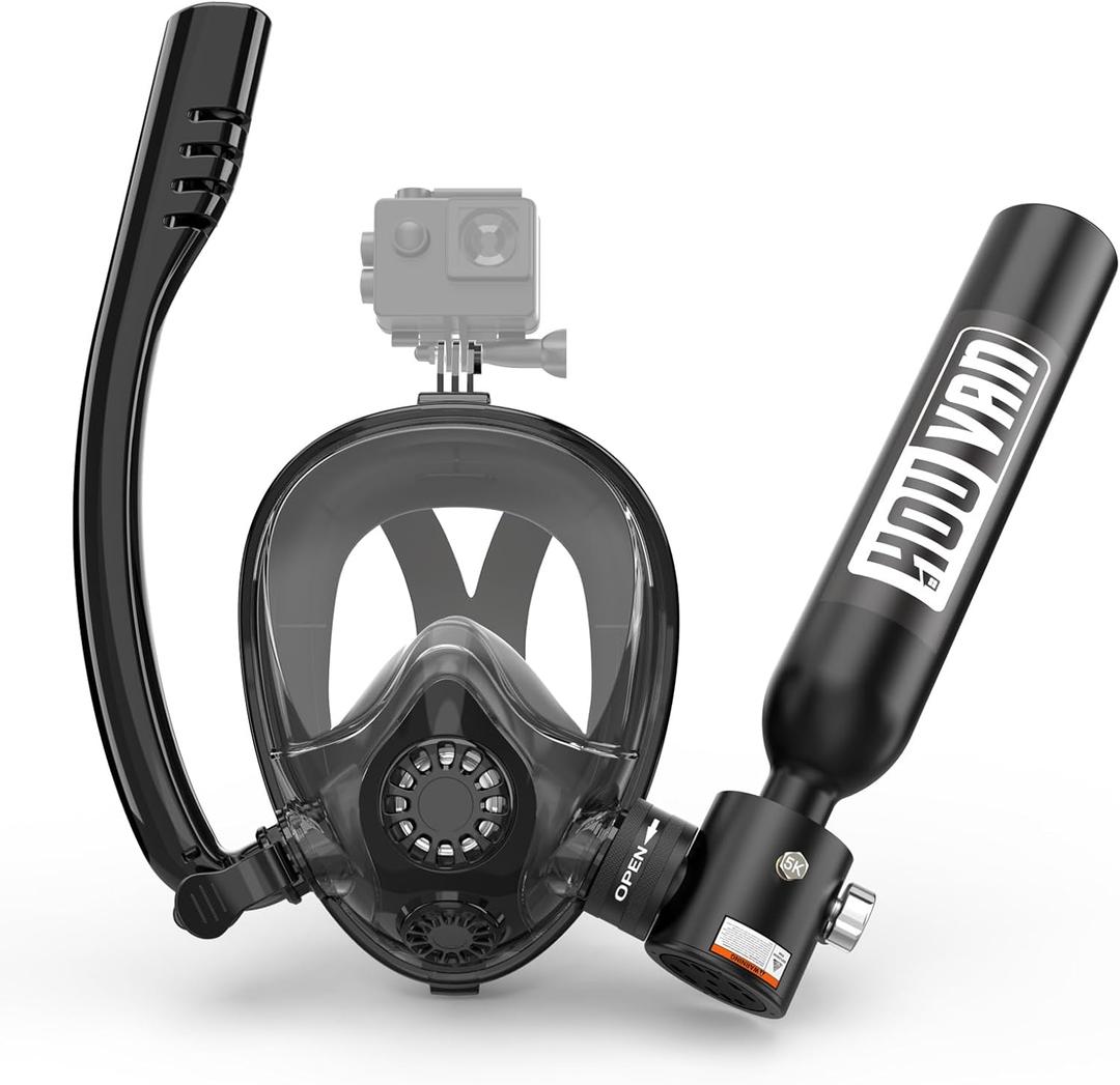 Mini Scuba Tank with Snorkel Mask 0.5L Inflatable Diving Tank with Full Face Diving Mask Pony Bottle Backup Diving Air Tank Suits for Recreational Snorkeling Shallow Diving, A-Black
