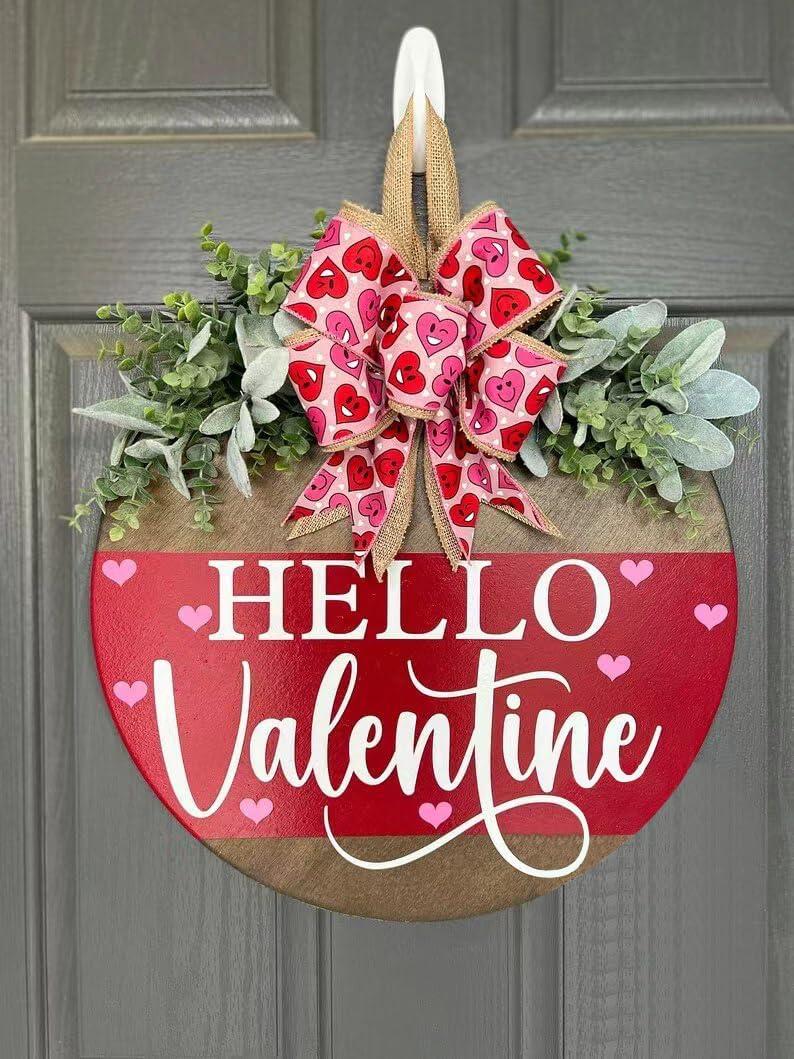 Valentine's Day Welcome Wreath Sign Decorations, Hello Valentine Hanging Sign for Front Door, Valentine's Day Wooden Door Wreath with Bow for Holiday Rustic Farmhouse Outdoor Wall Window Decor (Red)