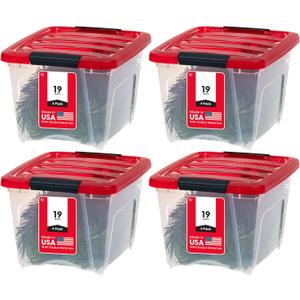 IRIS USA 19 Qt. Stackable Plastic Storage Bins with Lids, 4 Pack - BPA-Free, See-Through Organizing Solution, Latches, Durable Nestable Containers, Secure Pull Handle, Made in USA - Red
