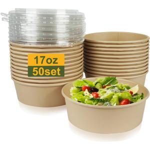 50 Pack Disposable Salad Bowls with Lids, 17oz Round Microwave-Safe Meal Prep Containers for Food Storage, BPA-Free Leakproof Heavy Duty Paper Bowls, Perfect for Parties, Picnics, Takeout
