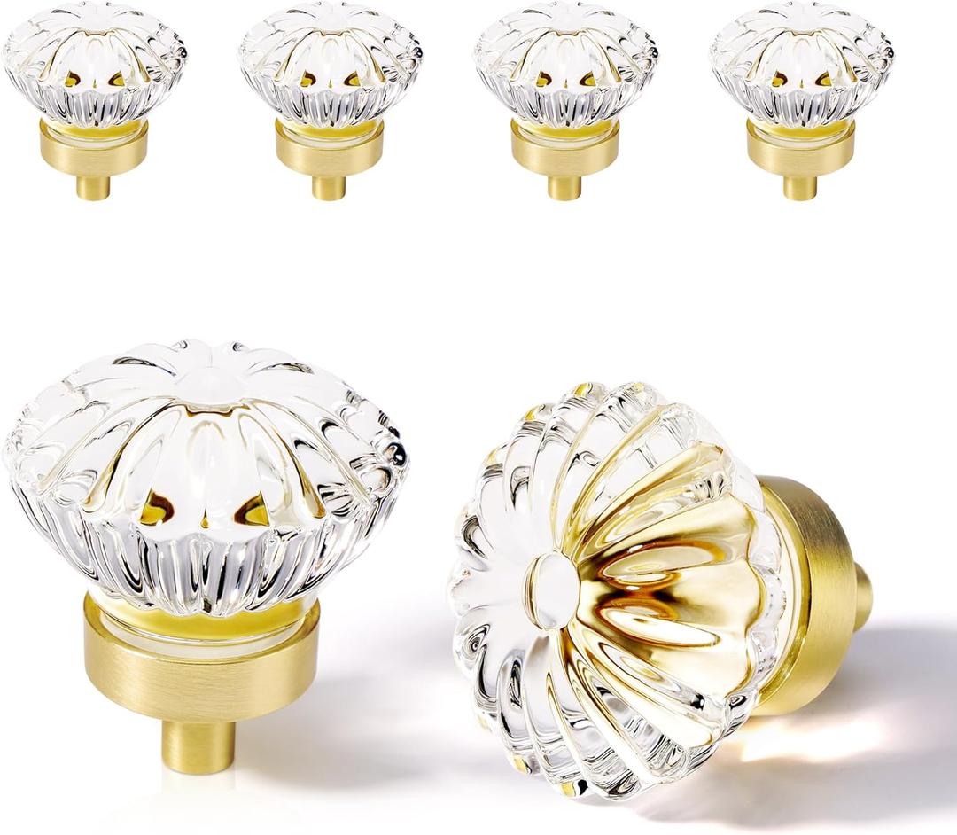 1.4 Inch Brushed Gold Crystal Cabinet Knobs Cabinets Knob, 4 Pack Flower Vintage Glass Clear Crystal Small Pull for Closet Dresser Drawers, Solid Alloy Retro Pulls Old Fashioned Drawer Handle