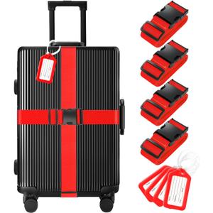 8 Pack Luggage Straps and Tags Set (4 Straps, 4 Tags), Luggage Straps for Suitcases TSA Approved Suitcase Belt Luggage Tags, Red