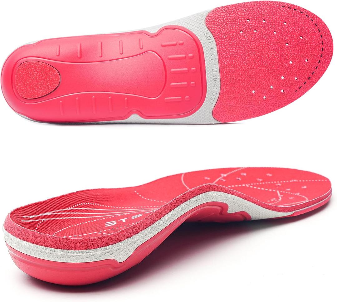 STSVZORR 230 lbs+ Plantar Fasciitis Insole High Arch Support Insert Foot Pain Relief Women Men Orthotic Flat Feet Heel Spur Comfort Standing All Day, Work Boot Shoe Insole, Size 10-290MM (Light Red)