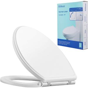 Hibbent Premium Elongated Toilet Seat with Cover Quiet Close, One-Click to Quick Release, Easy Installation Non-Slip Seat Bumpers, Slow Close Toilet Seat and Cover, Easy Cleaning-White Color (One-click Elongated 18.5'')