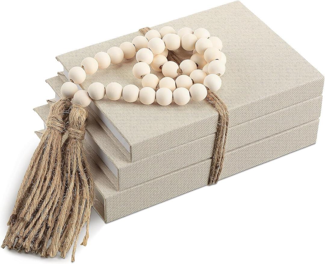 GlikCeil Linen Covered Decorative Books, Set of 3, Coffee Table Books Fabric Book Decor with Wooden Beaded Tassel Neutral Home Decor for Rustic Farmhouse Modern Shelves Tiered Tray