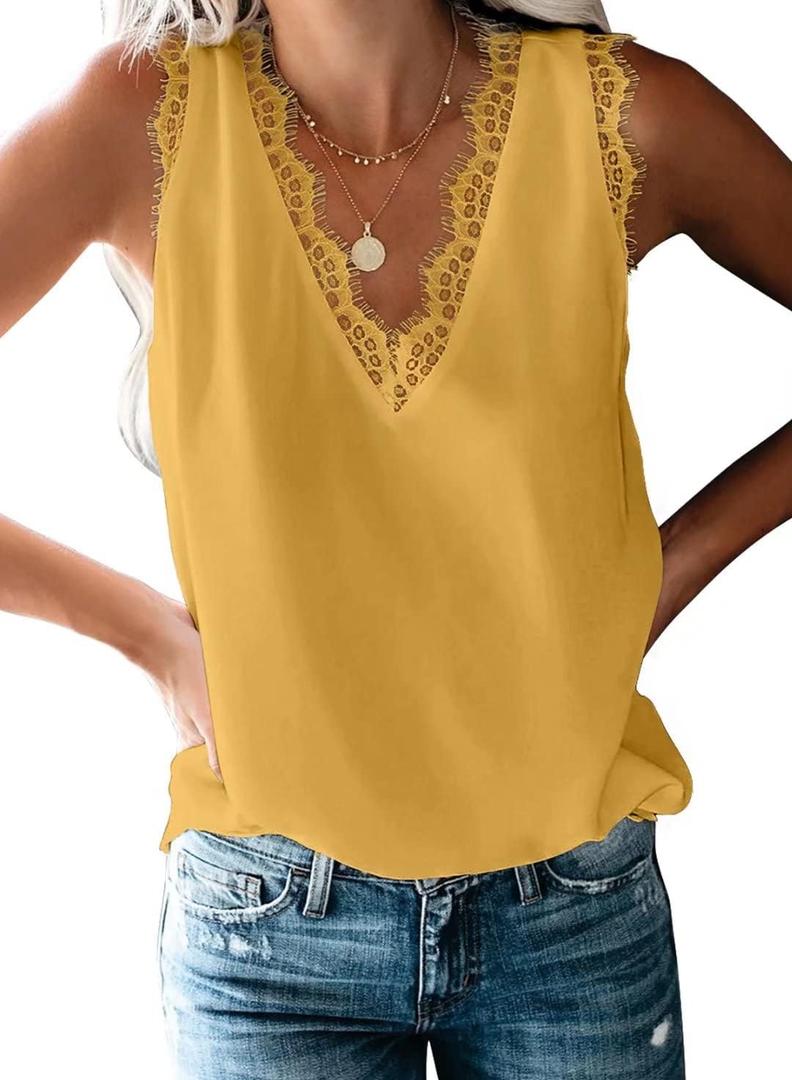 BLENCOT Women Tank Tops V Neck Sleeveless Lace Blouse Casual Vest Summer Camisole Shirts (Small, Yellow)