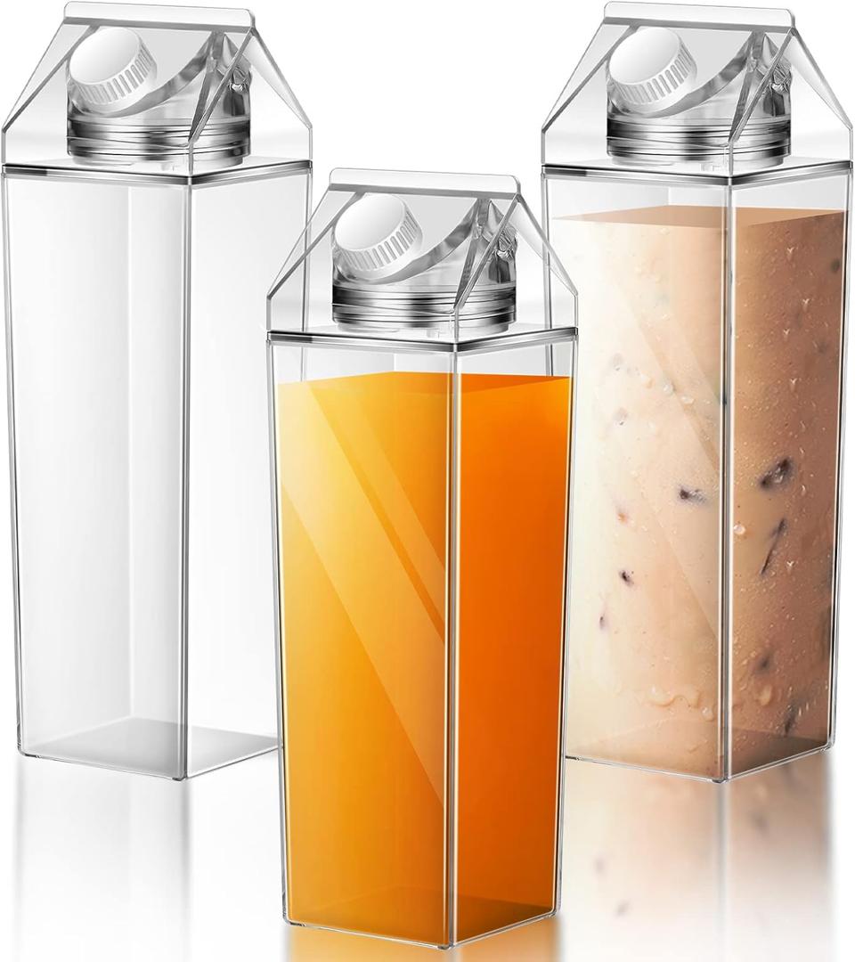 Remerry 3 Pcs Milk Carton Water Bottle Square Plastic Coffee Portable Reusable Milk Carton Cup Leakproof Juice Bottle (Clear)