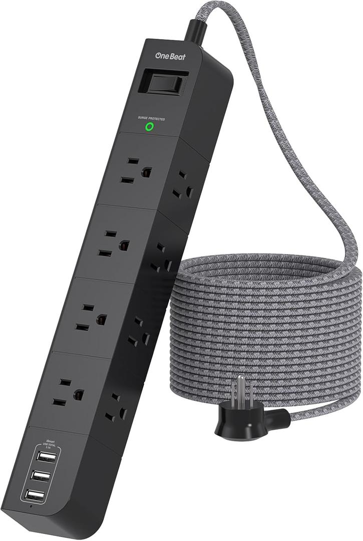 One Beat Extension Cord 15 ft,Surge Protector Power Strip with 8 Widely AC Outlets 3 USB(2 USBC),Flat Plug Power Strip,Desktop Charging Station with Overload Protection for Home,Office,Dorm,ETL Listed : Electronics