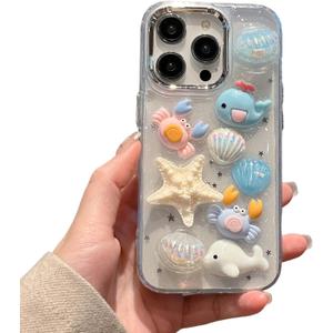 3D Seashell Clear Phone Case for iPhone 16 Pro 6.3",Unique Cute Chic Beachy Pearl Whale Shark Fish Pattern Trendy Funny Summer Coastal Protective Cover for iPhone 16pro 6.3inch