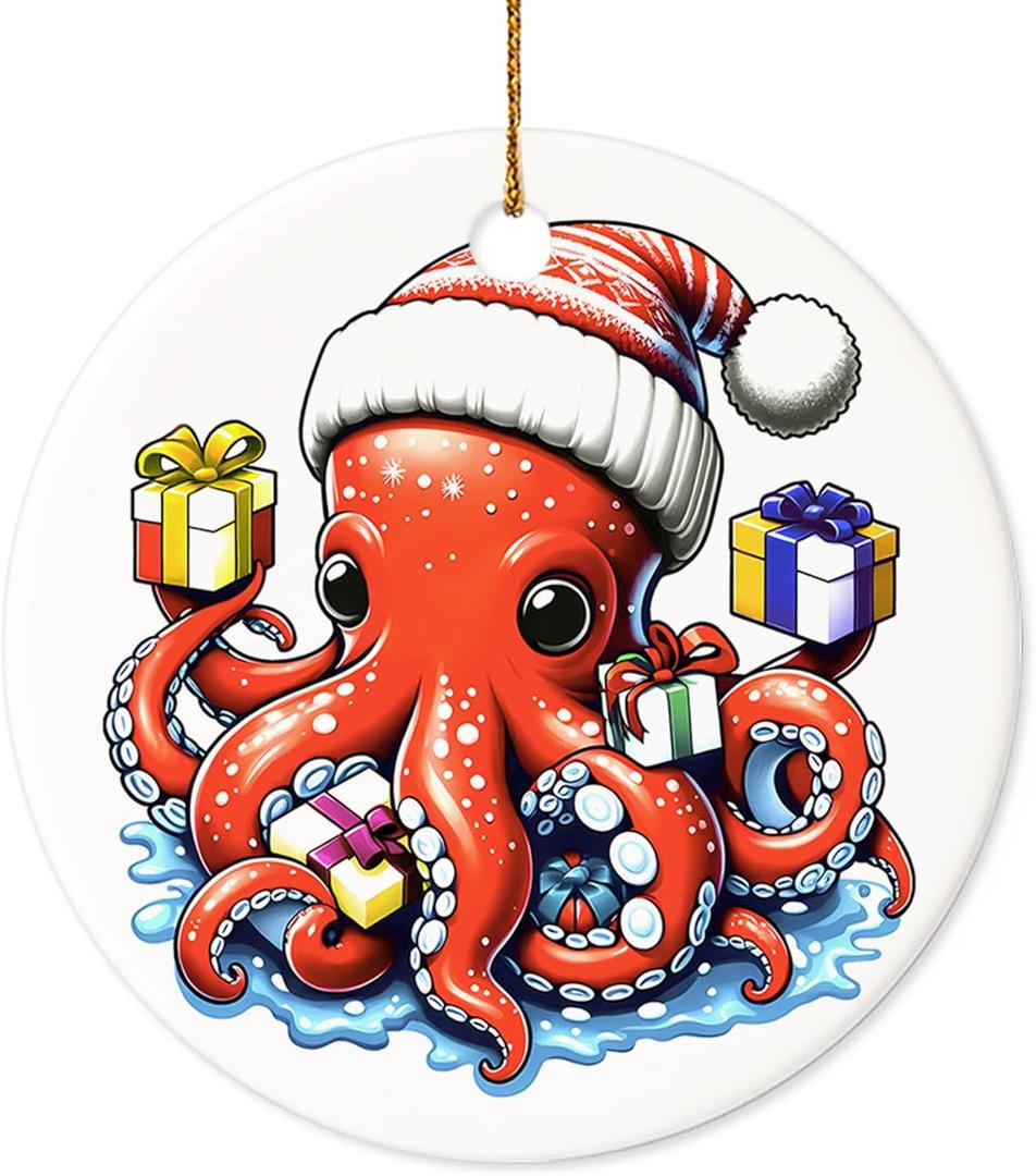 Christmas Ornament - Octopus Ceramic Ornament, Cute Red Octopus with Santa Hat Ornament, Nautical for Ocean Lovers, Divers & Beach Home Decor