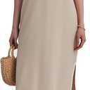 Women's Polo V Neck Midi Dress Short Sleeve RIC Rac Loose Split Long Shirt Dress Khaki (XL)