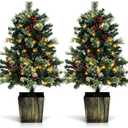2 Pack 4FT Small Mini Pre-Lit Christmas Trees Potted Artificial with 160 Lush Branch Tips 100 LED Warm Lights, Pine Cones and Berries for Holiday Xmas Gift Home Decor, 8-Mode Timer Battery Box