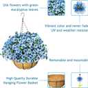 Artificial Hanging Flowers for Outdoors with Basket,UV Resistant Realistic Faux Hanging Plants Outdoor Artificial Flowers for Outdoors Basket for Yard Porch Patio,12 Bundles(Blue White)