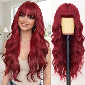 AISI HAIR Beginner Friendly Wigs Red Wig with Bangs Long Wavy Synthetic Wig for Women Daily Party Use