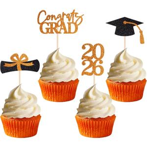 Double-sided 36 PCS Graduation Cupcake Toppers Orange Class Of 2026 Cupcake Picks For Graduation Theme Party Decorations Supply, 4.7 inches x 7 inches