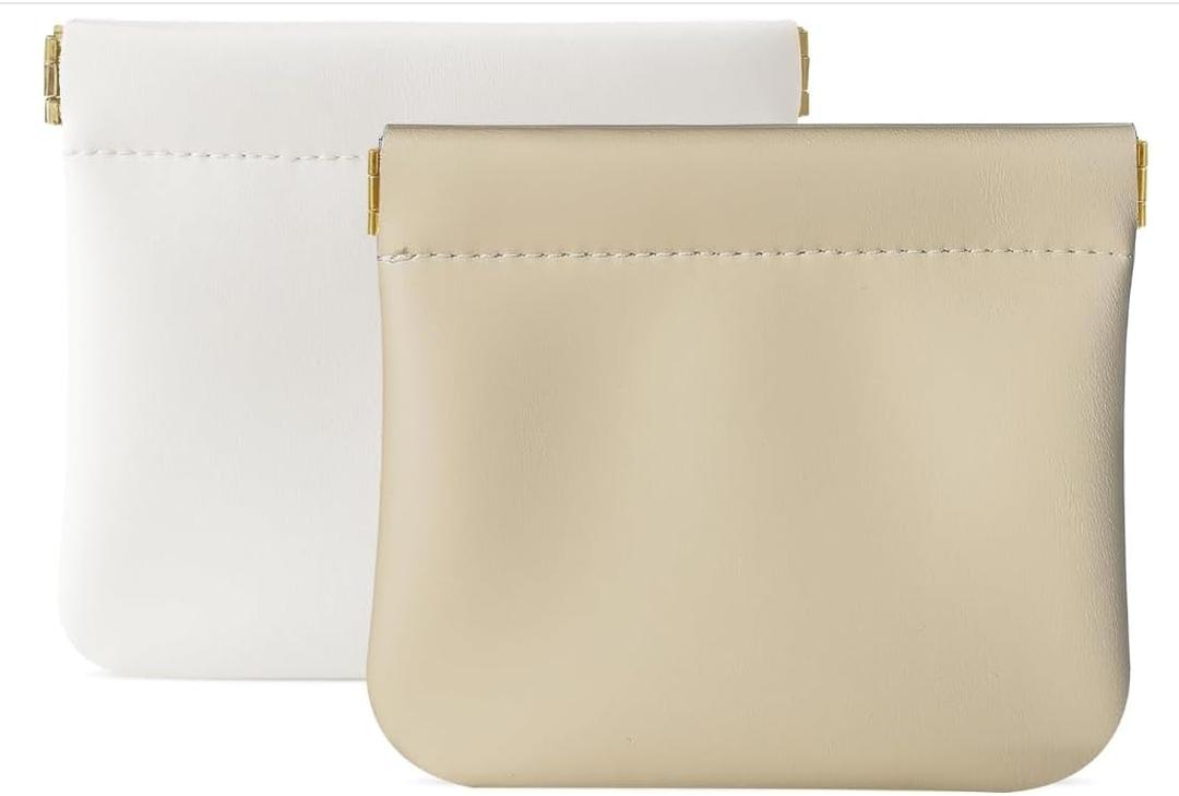 2 Pcs Small Makeup Bag for Purse, Mini Makeup Pouch for Women with Snap Closure Clamp, Portable Small Cosmetic Bag Travel Storage Pouch for Coin Lipstick (White + Khaki)