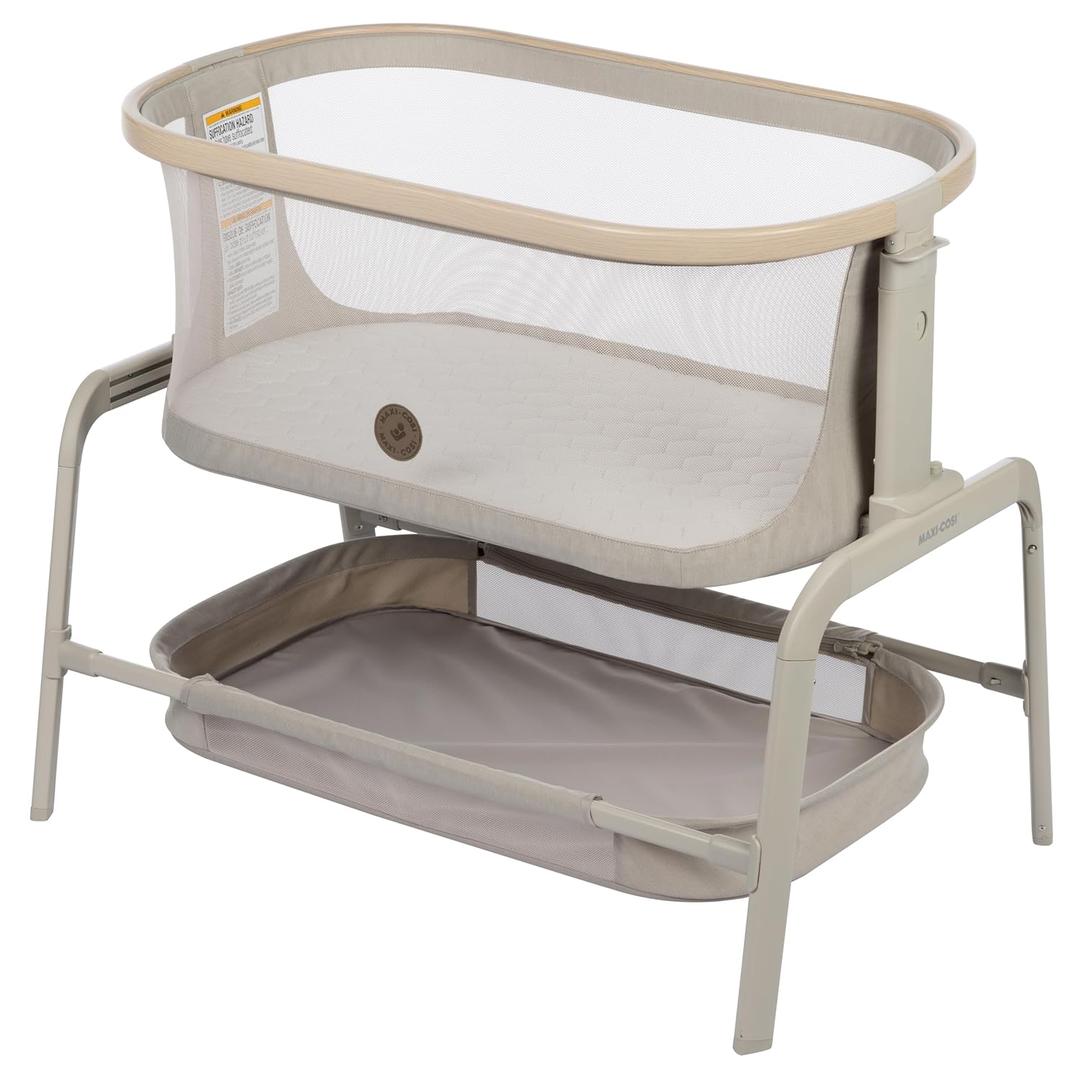 Maxi-Cosi Iora Baby Bassinets Bedside Sleeper, Portable Bassinet, Infant Bedside Sleeper Crib, Height Adjustable, Breathable Mesh, Large Storage Basket, Classic Oat