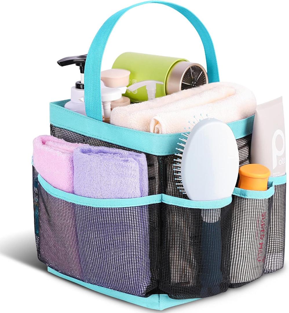 EUDELE Mesh Shower Caddy Portable for College Dorm Room Essentials with 8-Pocket Large Capacity,Shower Bag for Beach,Swimming,Gym,Travel essentials (Black-Light Blue)