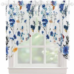 Floral Semi Sheer Curtains Swag Valances, Spring Blue and Yellow Flower Simple White Background Rod Pocket Swag Curtains, Sheer Short Window Swags for Kitchen Bedroom, 2 Panels, 36x36 Inches