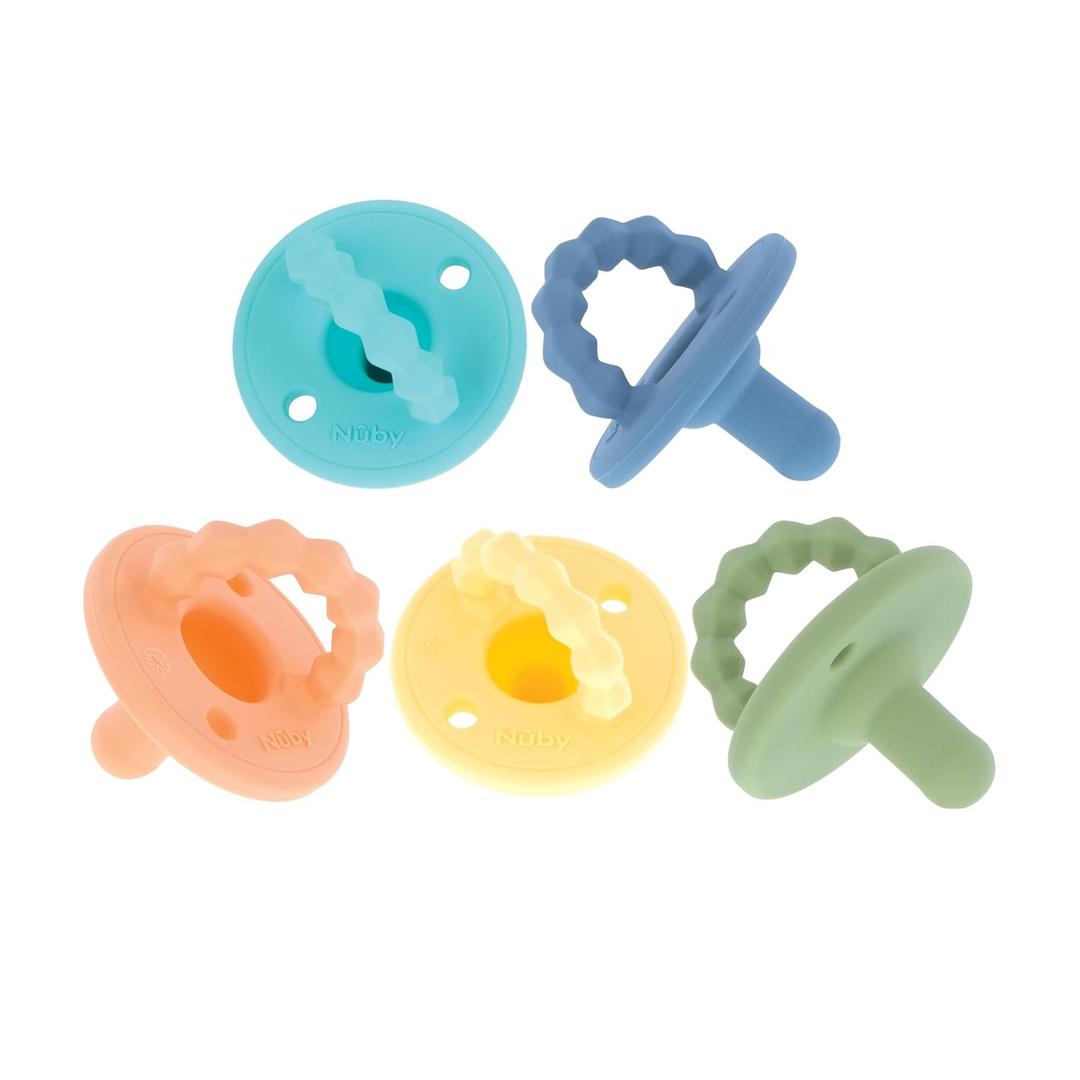 Nuby Silicone Softees Pacifier and Teethers - (5-Pack) Silicone Baby Pacifiers and Teethers - 0+ Months - Assorted Colors