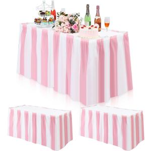 3 Pack Pink Carnival Table Skirt Party Decorations Pink and White Striped Table Skirts Disposable Carnival Decorations for Circus Party Decor Wedding Baby Shower Supplies, 29" x 14 ft