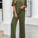Tankaneo Womens 2 Piece Outfits Sets Short Sleeve Wide Leg Cropped Pants (L)