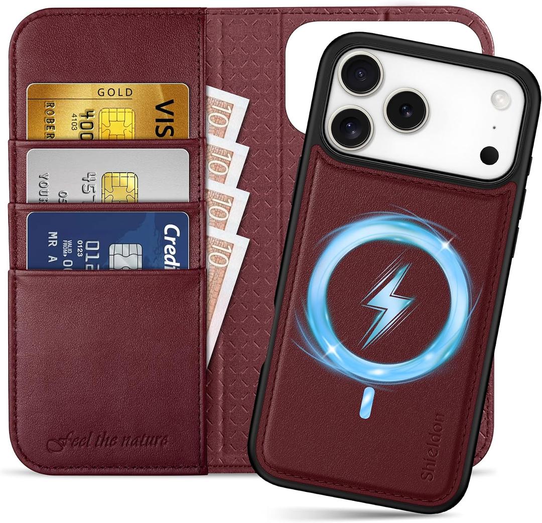 SHIELDON Detachable Wallet Case for iPhone 17 Pro Max 6.9-inch | Genuine Leather, 2-in-1 Folio Magnetic Cover, Wireless Charging, RFID Blocking Credit Card Slot, Kickstand, Shockproof - Red
