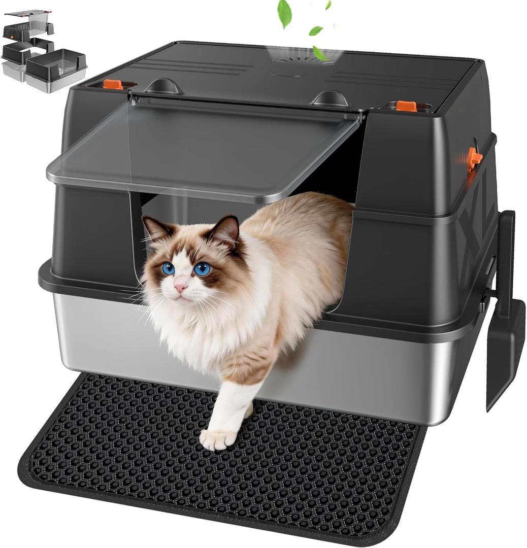 Stainless Steel Litter Box with Lid, Large Enclosed High Sided Litter Box, Side Entry Removable Upper Cover Leak-Proof Odorless Non-Stick Easy Clean Metal Pan with Scoop & Mat, Black, 22.83"L x 14.96"W x 14.96"H