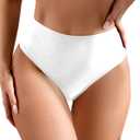 Women's Sexy High Waisted Ruched Back Cheeky Thong Bikini Swimsuit Bathing Suit Bottoms (White) Medium