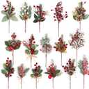 LOAVER 16 Pack Artificial Christmas Red Berry Picks Assorted Faux Pine Branches Spray with Pinecones Holly Stems for Xmas Tree Floral Arrangement Winter Wreath Gift Wrapping Decor (Multi Color)