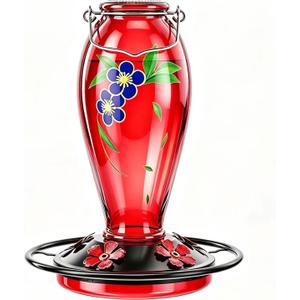 24 OZ Hummingbird Feeder for Outdoors Hanging, Heavy-Duty Thick Glass Humming Bird Feeder with Floral Decals, Leak-Resistant Metal Base with 5 Feeding Ports & Perch, Decorative Garden Deco(Red)