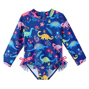 Bathing Suits Toddler Girl Dinosaur Print Long Sleeve Zipper with Headdress 1 Swimsuit Suit for 5 Girls, Blue