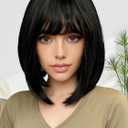 Mairead Black Bob Wig With Bangs Short Straight Black Bob Wigs for Black Women 12 inch SyntheticHeat Resistant Wigs for Halloween Costumes Cosplay Daily