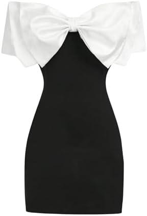 GORGLITTER Girl's Dresses Bow Off Shoulder Knot Sleeveless Color Block Birthday Party Summer Cute Bodycon Short Dress 11 Y