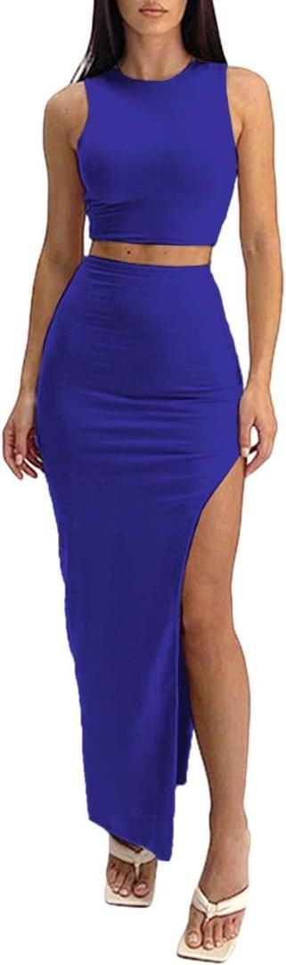 TOPONSKY Women's 2 Piece Crew Neck Sleeveless Tank Top Bodycon Slit Long Skirt Outfits Dress Set (Blue, XXL)