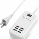 6 Port USB Charging Station, Multi Device USB Charger Hub with ON/Off Power Switch, 5ft Long Cord, Universal Fast Charging Adapter for Cell Phones, Tablets, 5V DC Electronic Devices (white)