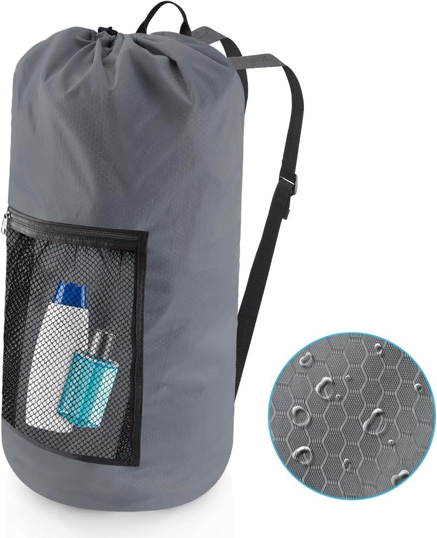 Laundry Bag Backpack, Extra Large Travel Laundry Bag with Mesh Pocket & Adjustable Shoulder Straps,Dirty Clothes Travel Bag for College Students Dorm,Apartment(Grey) (1Pack)