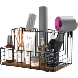 Hair Dryer Holder, Hair Tool Organizer, Wall Mount Hair Tools Organizer for Blow Dryer, Flat Iron, Curling Iron, Straightener, Styling Tools Bathroom Storage and Organizer, Wood-Black