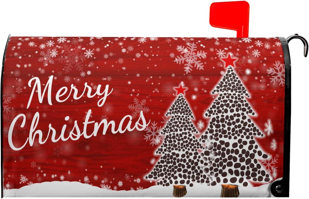 Merry Christmas Tree Winter Snowflake Pine Mailbox Covers Magnetic Standard Size 25.5" X 21",White Snow Red Mailbox Wraps Post Letter Box Cover for Holiday Garden Yard Decor