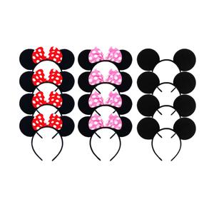 EUICAE Mouse Ears Headband Adult Headband Mouse Costume Solid Back Red Pink Bow for Birthday Party Theme Park Costume Play Celebration Pack of 12 (Black & Red & Pink)