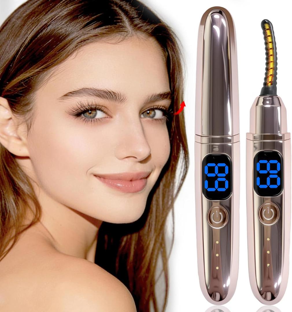 Heated Eyelash Curlers with Battery Indicator, Electric Eyelash Curler 3 Temperature Modes LED Display USB Rechargeable Makeup Tools, Heated Lash Curler Ideal Christmas Gift for Women Golden Brown P1