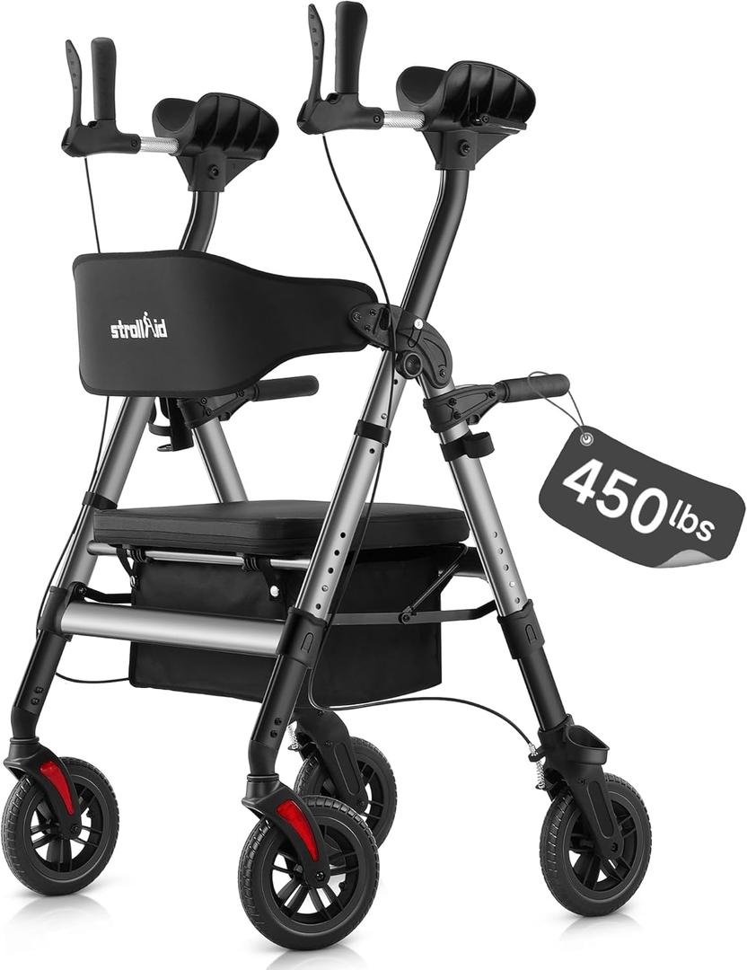 Upright Walkers for Seniors, 450 lb Heavy Duty Stand Up Rollator Walker with Adjustable Soft Sponge Armsupport & Seat, Tall Standing Folding Rolling Walker with 8'' Wheel, Grey