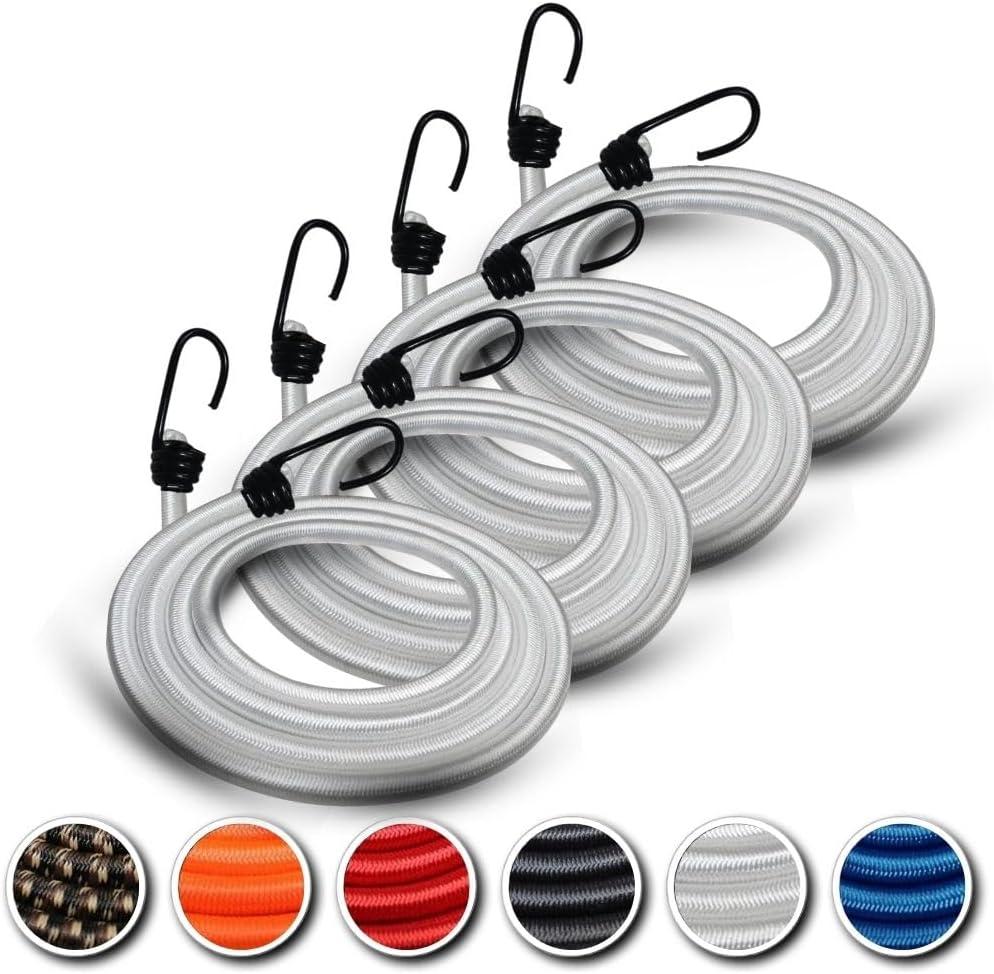 Marine Grade Bungee Cord with Hooks - Heavy Duty, Dacron Polyester Elastic Straps for Camping, and Outdoor Use - Bungees for Tie Downs, & Cars (16 in - White, 4Pack)