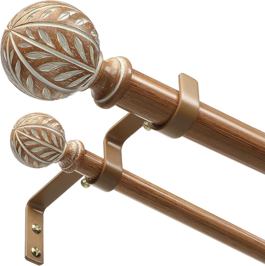 Double Curtain Rods for Windows, Boho Dual Curtain Rods with Decorative Handmade Wood Grain Leaf Finials, 1" Adjustable Heavy Duty Rustic Spliced Metal Window Treatment Rods 36 to 72 inch