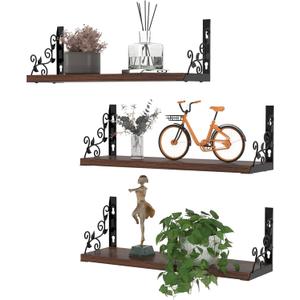 Lavezee Vintage Floating Shelves Set with Metal Vine Leaf Plants Shape for Wall Decor, Black and Rustic Wooden Decorative Wall Shelf for Living Room, Bedroom, Bathroom, 3 Packs