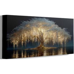 Large Tree of Life Canvas Wall Art Abstract Black and Gold Tree of Life Picture Wall Decor Nordic Gold White Flowers Poster Print Artwork For large living room Bedroom Office Hallway Home Decoration,Tree of Life, Wrapped Canvas, 48"L x 24"W
