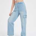 EXARUS Girls Cargo Jeans Wide Leg Baggy Tween Pants Elastic Waist Pockets | Teen Denim Hiking Pants High Rise Elastic Waist Straight Leg Loose Trousers Pockets Kids Youth Junior Casual 8-14Y (Blue)