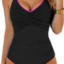 Aidonger Women's One Piece Swimsuit Tummy Control Front Cross Bathing Suit Color Block Slim Tie Back High Waisted Swimwear Large